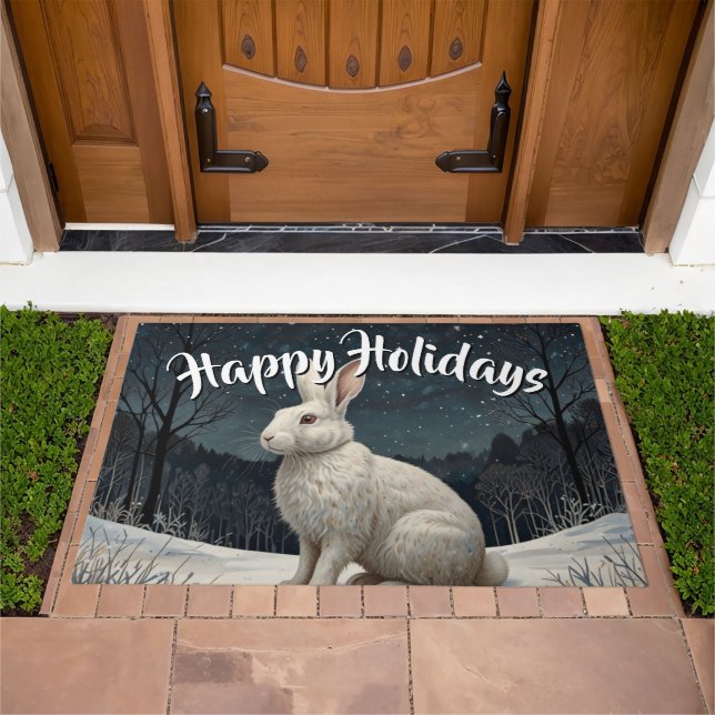 Elegant white rabbit Christmas snowy woodland  Doormat (Outdoor)