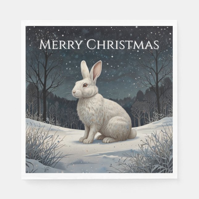 Elegant white rabbit Christmas snowy woodland  Napkins (Front)