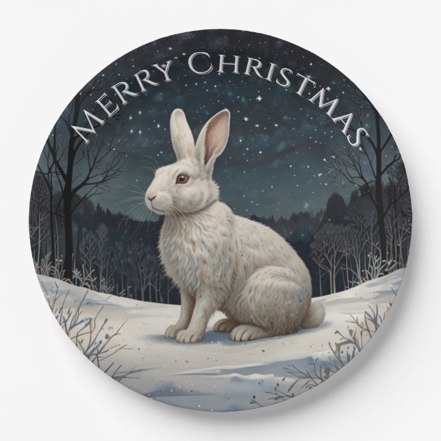 Elegant white rabbit Christmas snowy woodland  Paper Plates (Front)