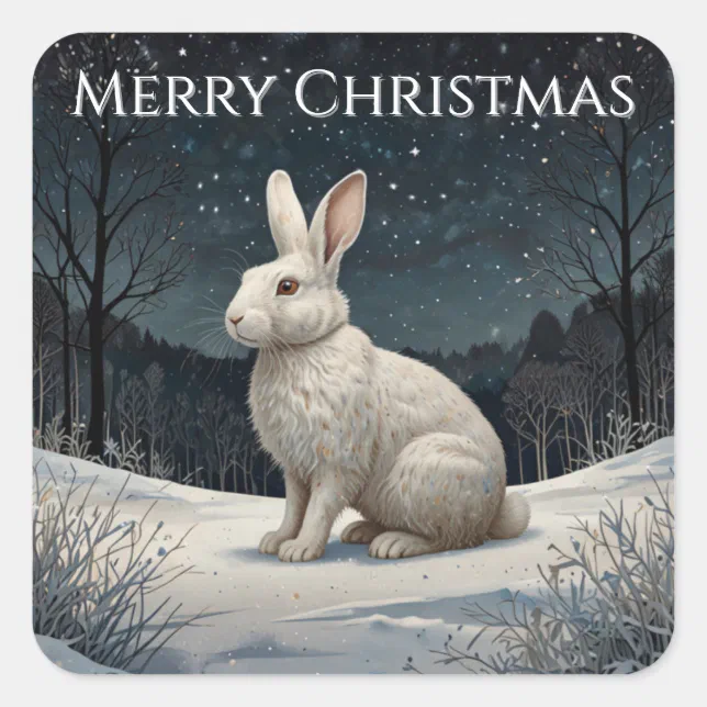Elegant white rabbit Christmas snowy woodland Square Sticker | Zazzle