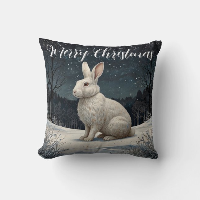 Elegant white rabbit Christmas snowy woodland  Throw Pillow (Front)
