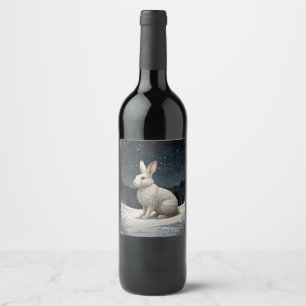 Elegant white rabbit Christmas snowy woodland  Wine Label