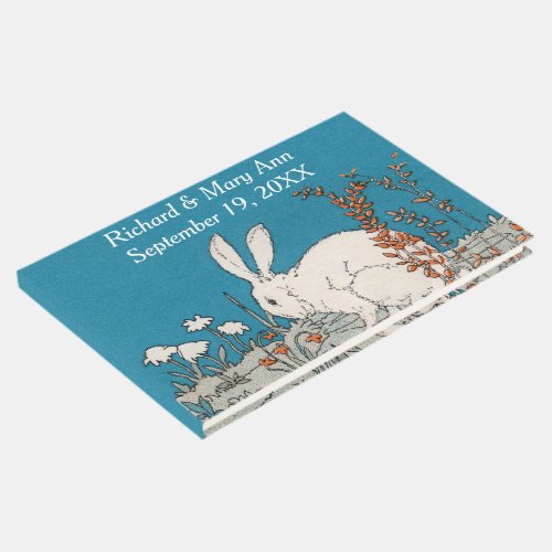 Elegant White Rabbit Flowers Pretty Blue Guest Book