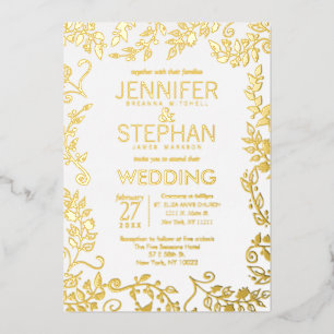 Elegant White Real Gold Floral Wedding Foil Invitation