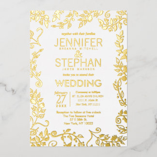 Elegant White Real Gold Floral Wedding Foil Invitation