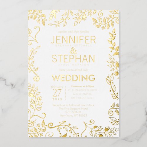 Elegant White Real Gold Floral Wedding Foil Invitation