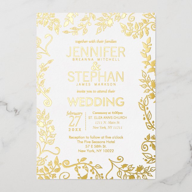 Elegant White Real Gold Floral Wedding Foil Invitation (Front)
