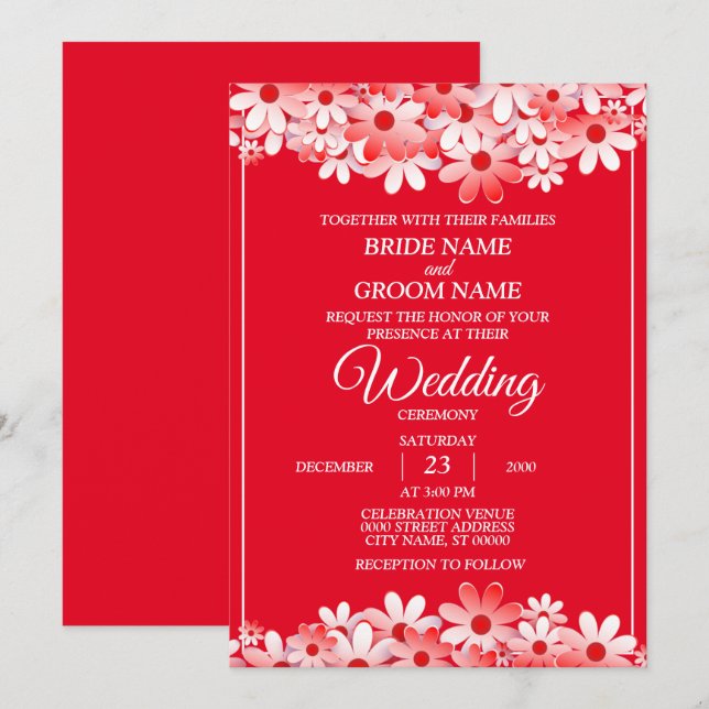 Elegant White Red Floral Wedding Invitation (Front/Back)