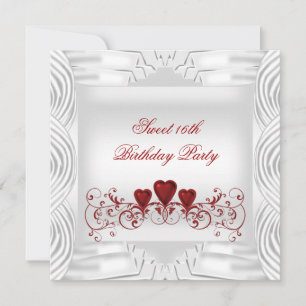 Elegant White Red Hearts Sweet 16 Invitation