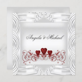 Elegant White Red Hearts Wedding Invitation