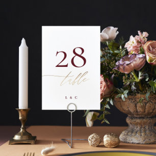 Elegant White Red Plum Burgundy Gold The Wedding Table Number
