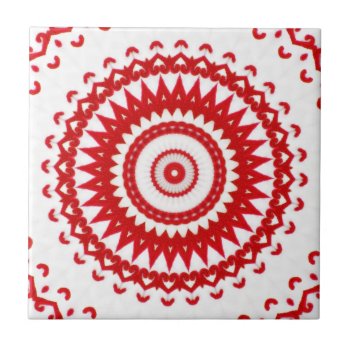 Elegant White Red Scandinavian Folk Lace Textile Ceramic Tile by tashatzazzle at Zazzle