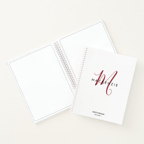 Elegant White Red Script Monogram Sketchbook Notebook