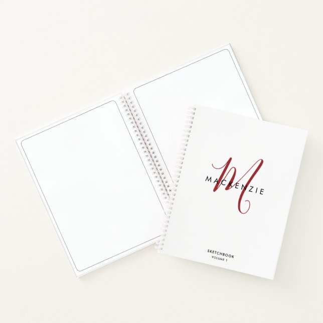 Elegant White Red Script Monogram Sketchbook Notebook (Inside)