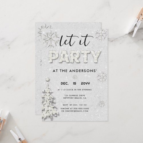 Elegant White Rhinestones Christmas Let It Party Invitation