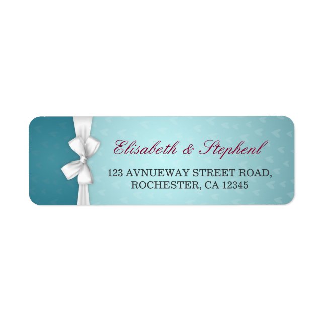 Elegant White Ribbon Turquoise Wedding Address Label (Front)