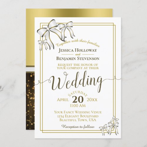 Elegant White Ribbons Gold Wedding Invitation