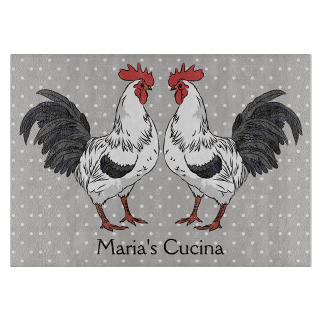 Elegant White Rooster Glass Cutting Board (Front)