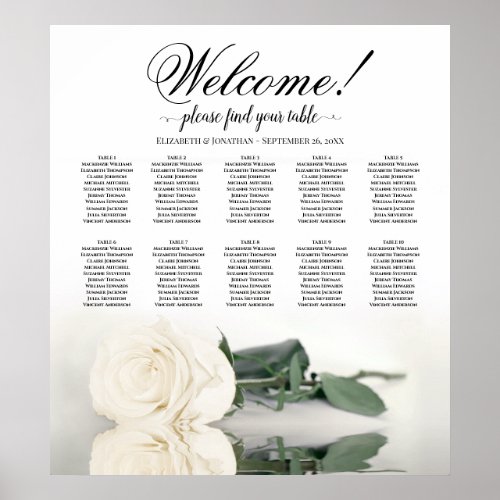 Elegant White Rose 10 Table Wedding Seating Chart