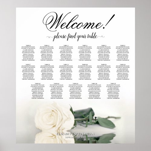 Elegant White Rose 17 Table Wedding Seating Chart