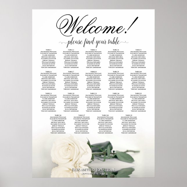 Elegant White Rose 19 Table Wedding Seating Chart (Front)