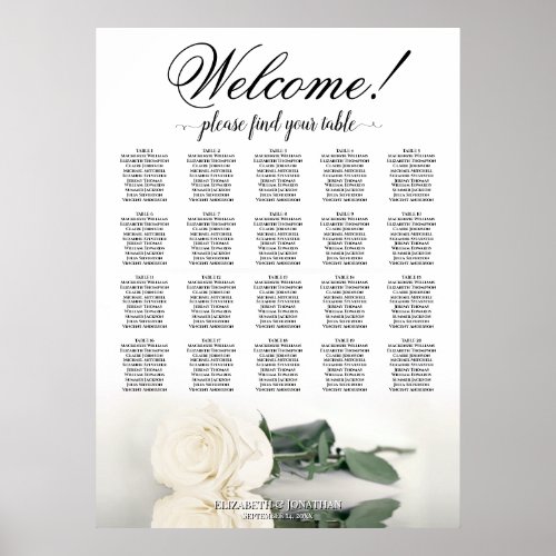 Elegant White Rose 20 Table Wedding Seating Chart