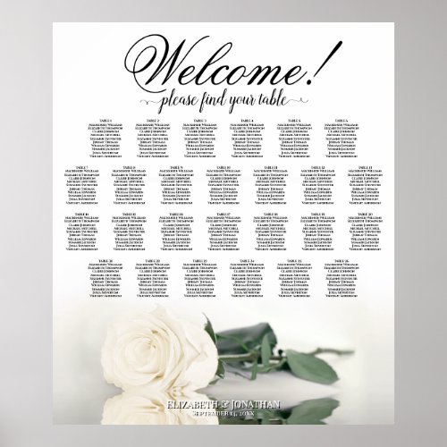 Elegant White Rose 26 Table Wedding Seating Chart