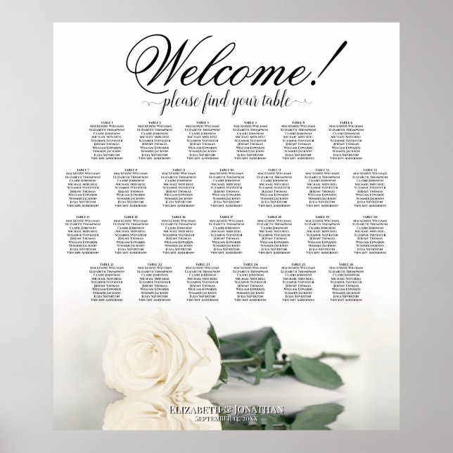 Elegant White Rose 26 Table Wedding Seating Chart (Front)