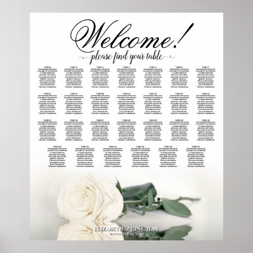 Elegant White Rose 27 Table Wedding Seating Chart