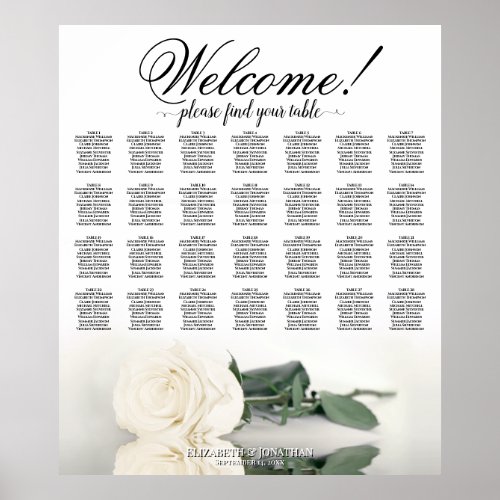 Elegant White Rose 28 Table Wedding Seating Chart