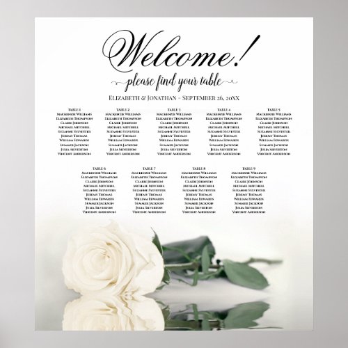 Elegant White Rose 9 Table Wedding Seating Chart