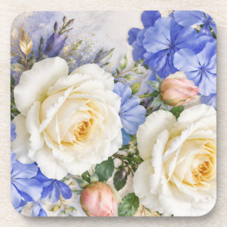 Elegant white rose and blue floral mouse pad . beverage coaster