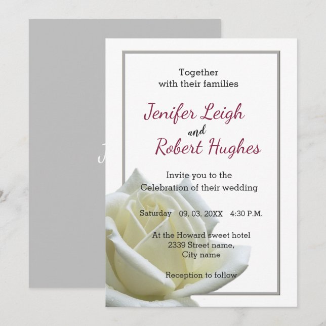 Elegant white rose and silver wedding invitation (Front/Back)
