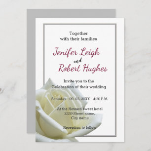 Elegant white rose and silver wedding invitation