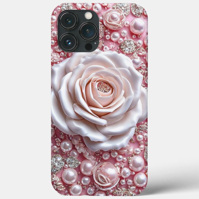 Elegant White Rose and Sparkling Pink Pearls Case-Mate iPhone Case (Back)