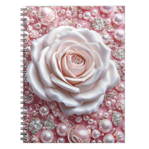 Elegant White Rose and Sparkling Pink Pearls Notebook