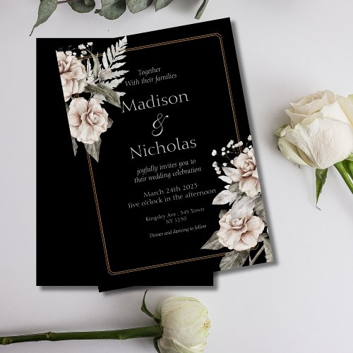 Elegant White Rose Black Wedding invitation