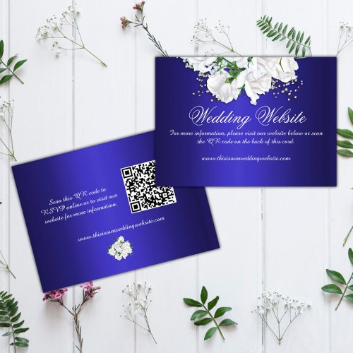 Elegant White Rose Bouquet Blue Wedding Website Enclosure Card