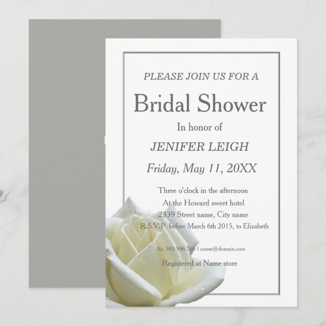 Elegant white rose bridal shower invitation (Front/Back)