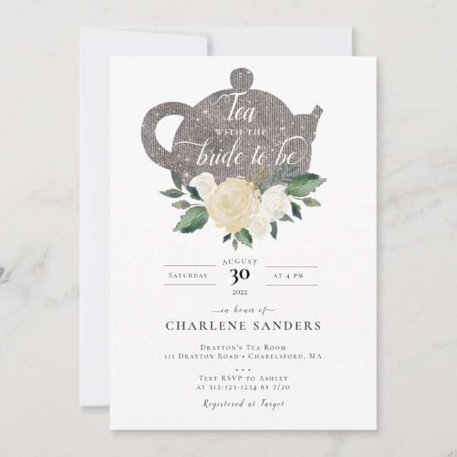 Elegant White Rose Bridal Tea Invitation (Front)
