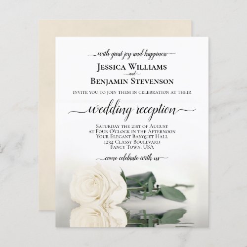 Elegant White Rose BUDGET Wedding Reception Invite
