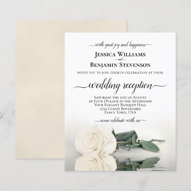 Elegant White Rose BUDGET Wedding Reception Invite (Front/Back)