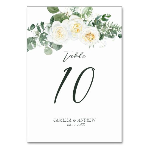 Elegant White Rose Eucalyptus Floral Wedding Table Number