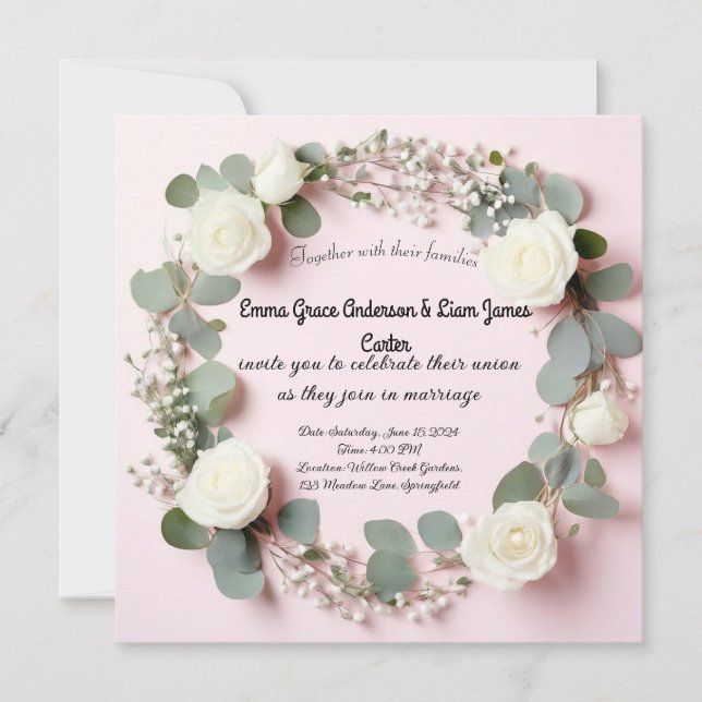 Elegant White Rose & Eucalyptus Wedding Invitation (Front)