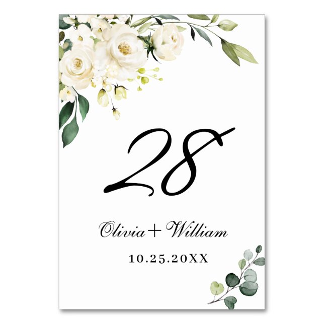 Elegant White Rose Eucalyptus Wedding Table Number (Front)