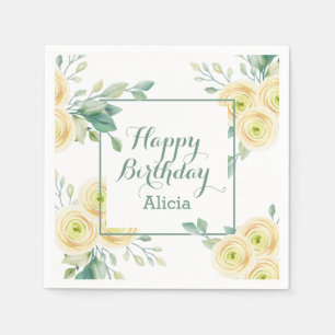 Elegant White Rose Flora Greenery Birthday Napkins