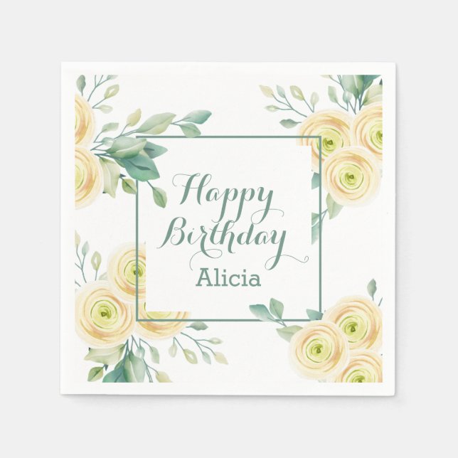 Elegant White Rose Flora Greenery Birthday Napkins (Front)