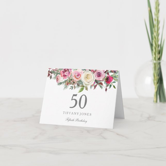 Elegant White Rose Floral 50th Birthday Thank you Card (Front)