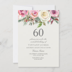 Elegant White Rose Floral 60th Birthday Invite