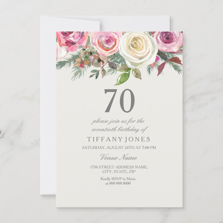 Elegant White Rose Floral 70th Birthday Invite | Zazzle